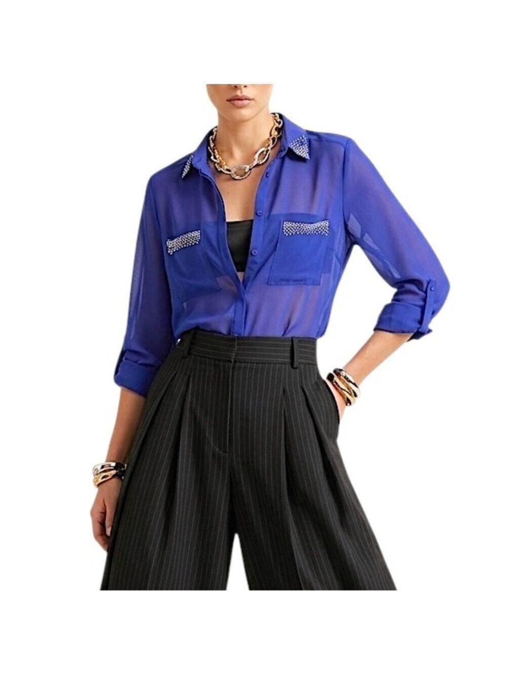 Y2K Joenia Italy cobalt blue sheer chiffon rhinestone long sleeve blouse top S